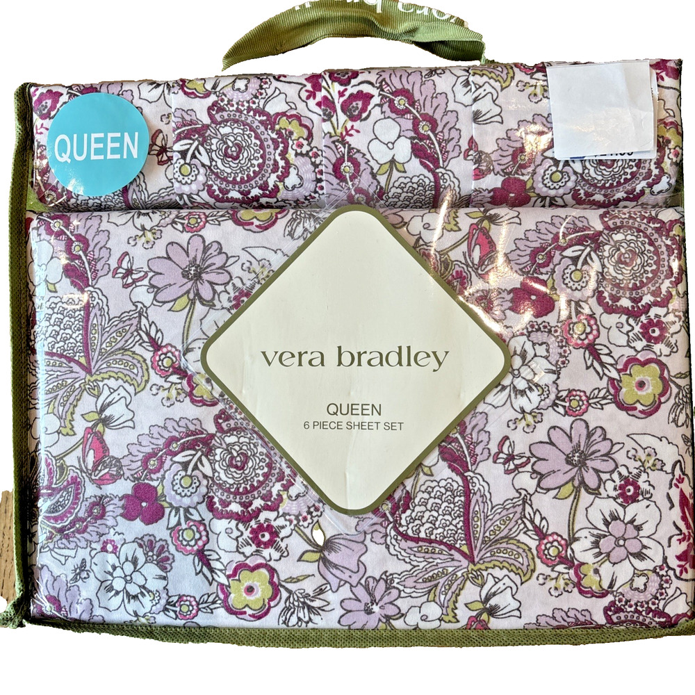 Vera Bradley QUEEN Sheets Pink Purple Floral Paisley Shabby Chic Sheet Set 6 NEW